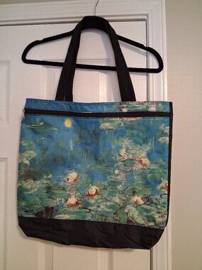 Monet-inspired nylon shopping tote bag, 16"x18", Black/Blue